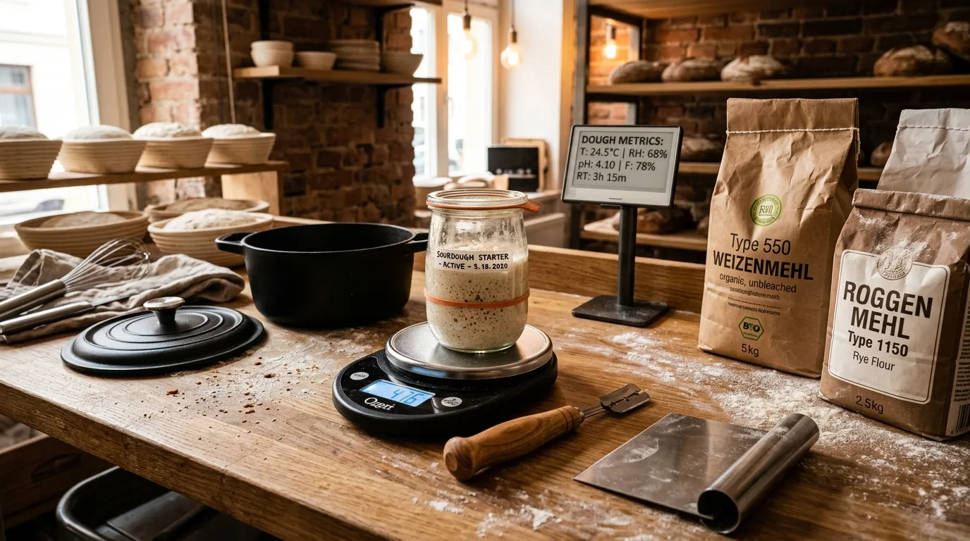 Kernel & Kruste Backstuben-Workbench mit Gusseisentopf, Feinwaage, Weckglas-Starter und Mehlen