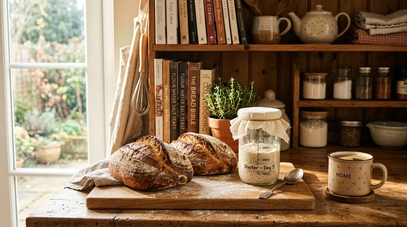 Gemütliche Backstube mit frischem Sauerteigbrot, Kaffee und Sauerteig-Glas